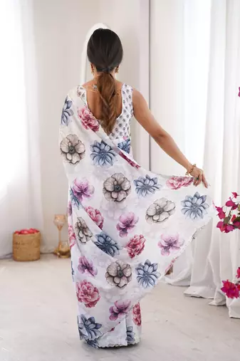 White chinon printed elegant saree with swarovski work
