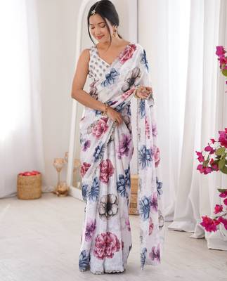 White chinon printed elegant saree with swarovski work 4