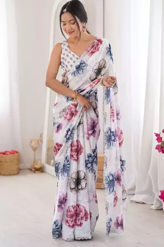 White chinon printed elegant saree with swarovski work