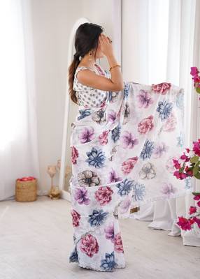 White chinon printed elegant saree with swarovski work 5