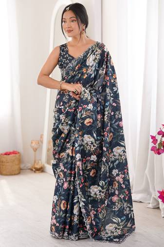 Teal color beautiful summer special chinon fabric printed saree