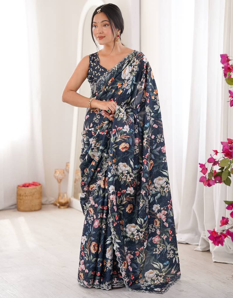 Teal color beautiful summer special chinon fabric printed saree