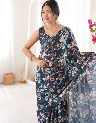 Teal summer special chinon printed saree 3