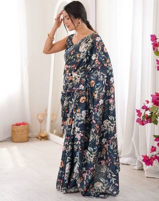 Teal summer special chinon printed saree 4