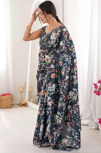 Teal summer special chinon printed saree