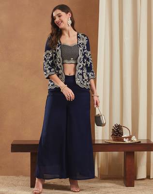 women's vichitra silk three-piece set with jacket and embroidered choli 1