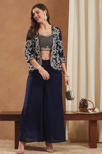 women's vichitra silk three-piece set with jacket and embroidered choli