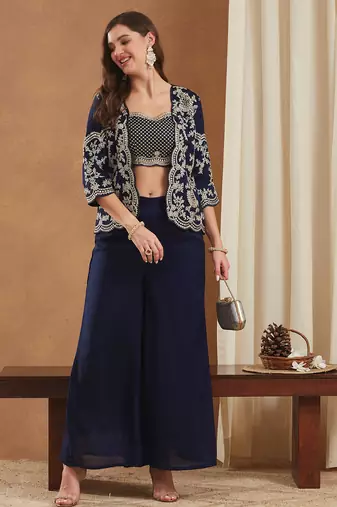 women's vichitra silk three-piece set with jacket and embroidered choli
