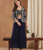 women's vichitra silk three-piece set with jacket and embroidered choli