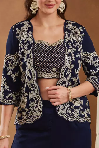 women's vichitra silk three-piece set with jacket and embroidered choli