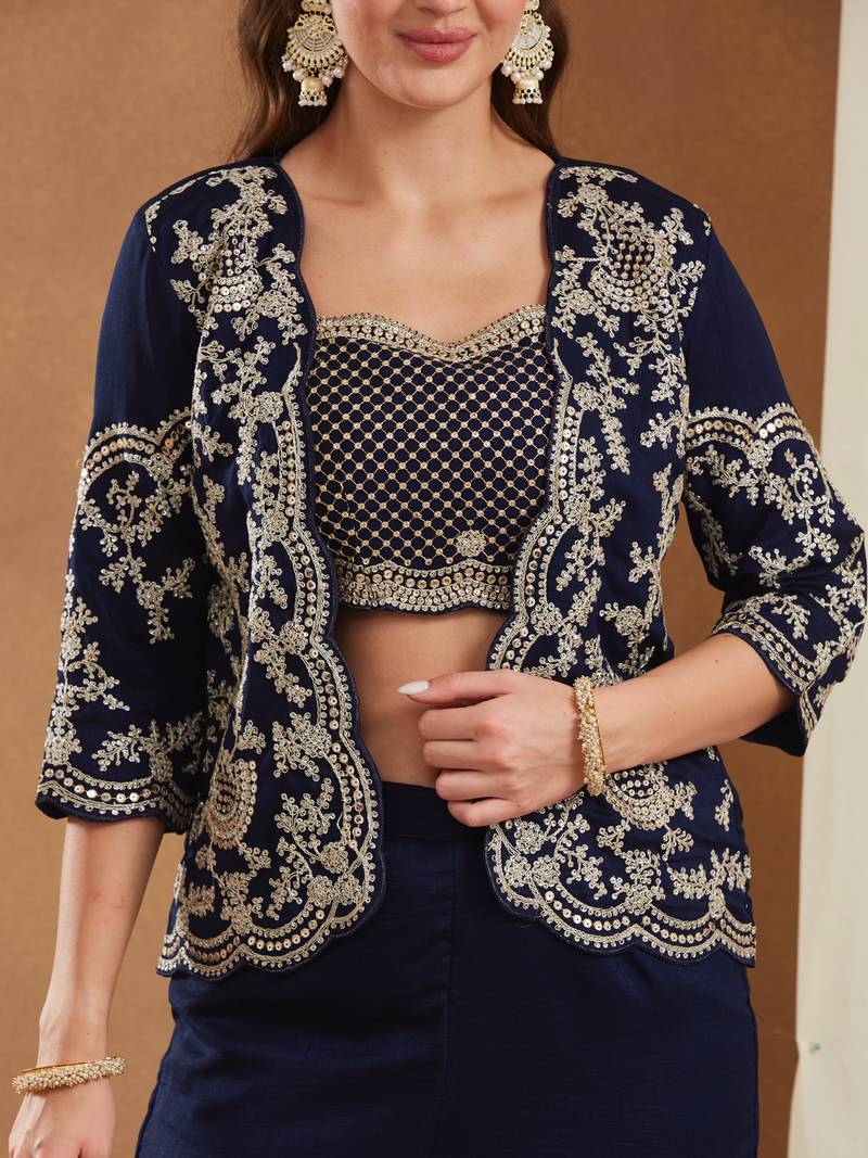 women's vichitra silk three-piece set with jacket and embroidered choli