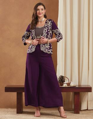 women's vichitra silk three-piece set with jacket and embroidered choli 1