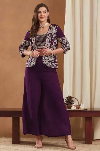 women's vichitra silk three-piece set with jacket and embroidered choli