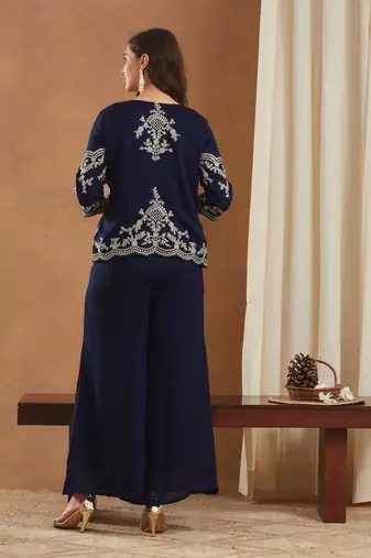 women's vichitra silk three-piece set with jacket and embroidered choli