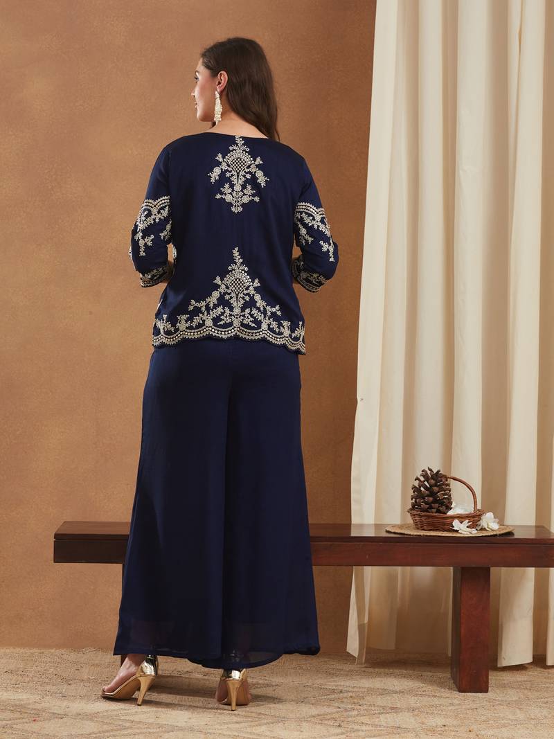 women's vichitra silk three-piece set with jacket and embroidered choli