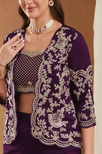 women's vichitra silk three-piece set with jacket and embroidered choli