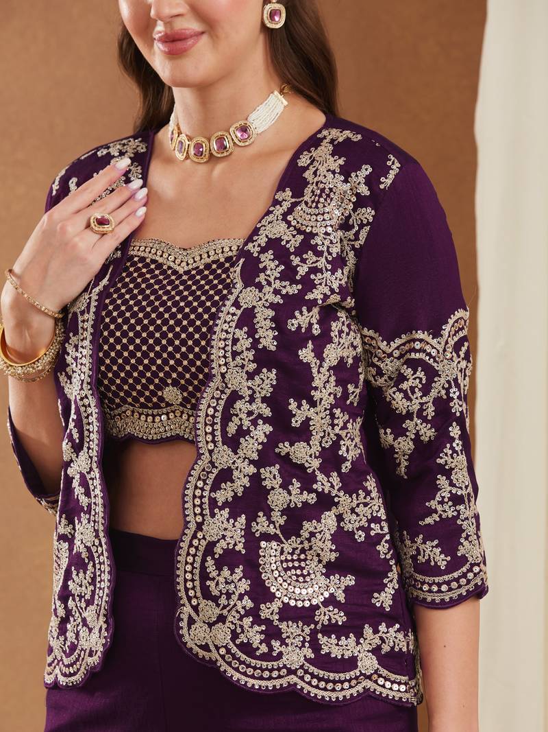 women's vichitra silk three-piece set with jacket and embroidered choli