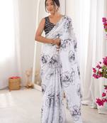 White beautiful summer special chinon fabric printed saree