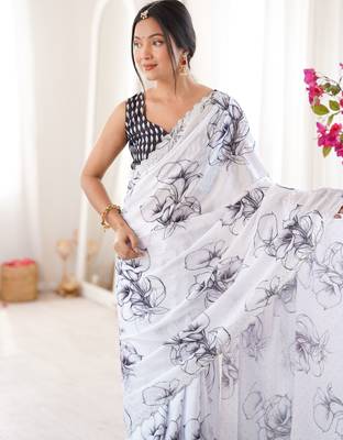 White summer special chinon printed saree 3
