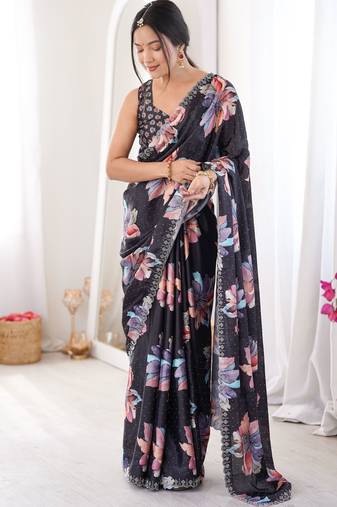 Black color beautiful summer special chinon fabric printed saree