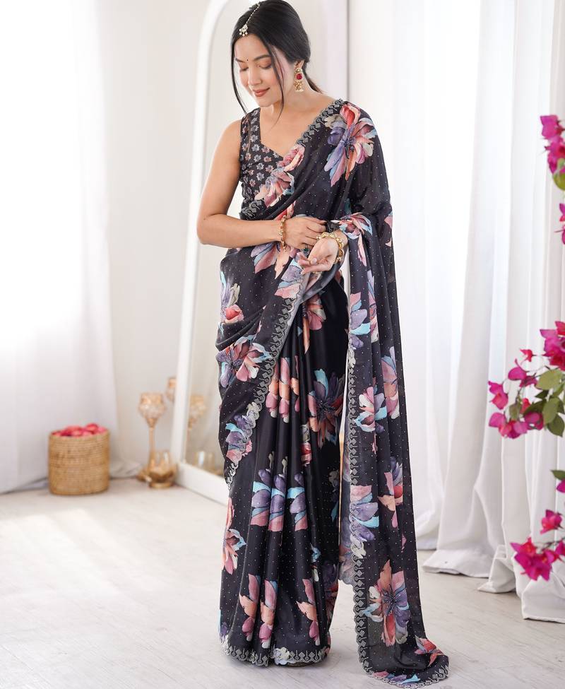 Black color beautiful summer special chinon fabric printed saree