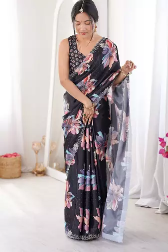 Black summer special chinon printed saree