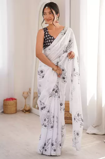 White beautiful summer special chinon fabric printed saree