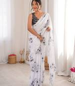 White beautiful summer special chinon fabric printed saree