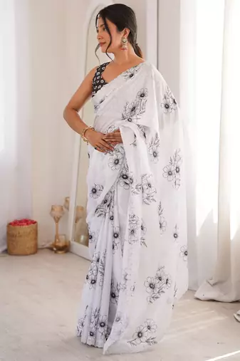 White summer special chinon printed saree