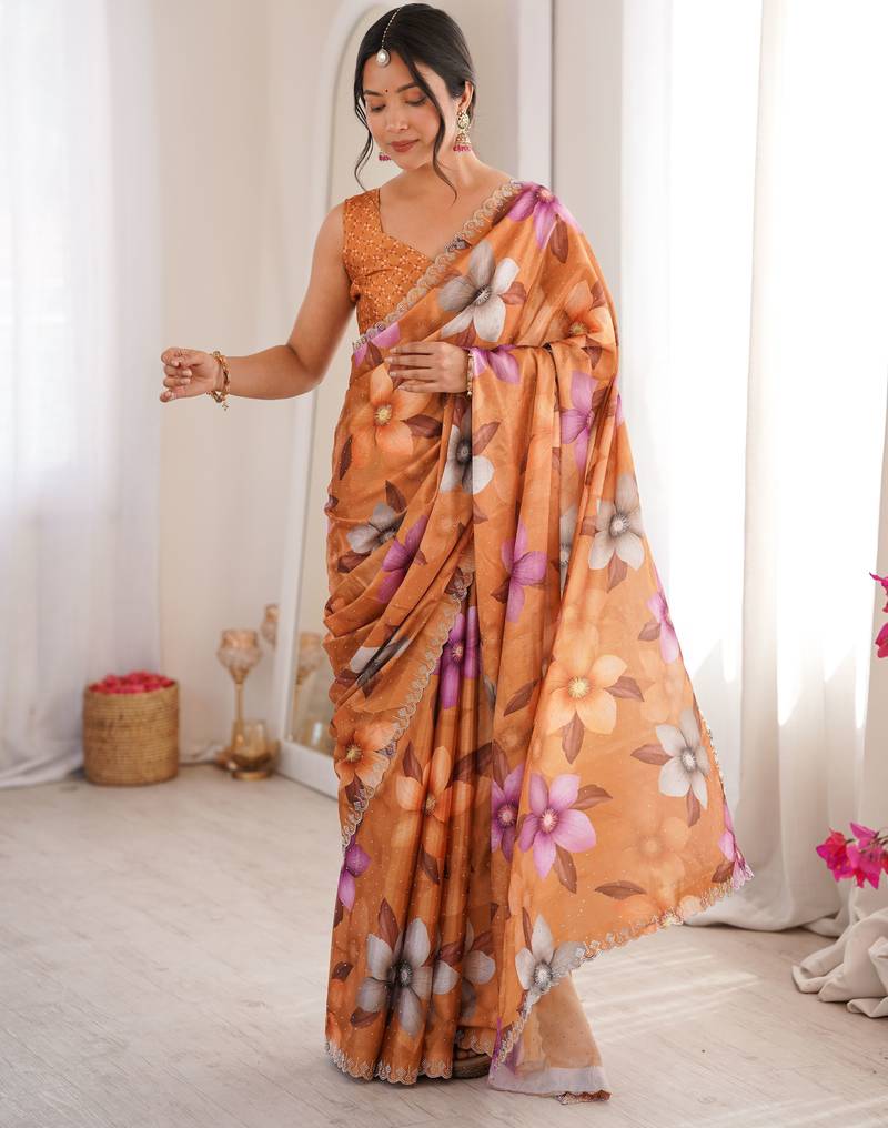 Mustard color beautiful summer special chinon fabric printed saree
