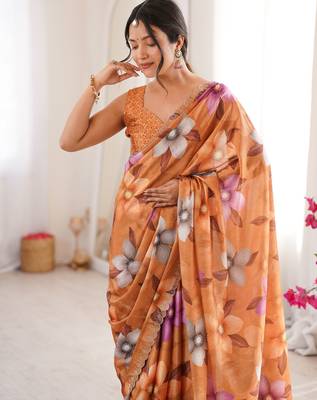 Mustard summer special chinon printed saree 3