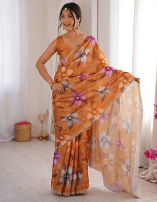Mustard summer special chinon printed saree 4