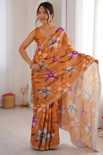 Mustard summer special chinon printed saree