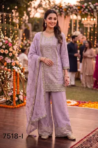 Lavender chinon semi stitched suit with embroidery & sequence work