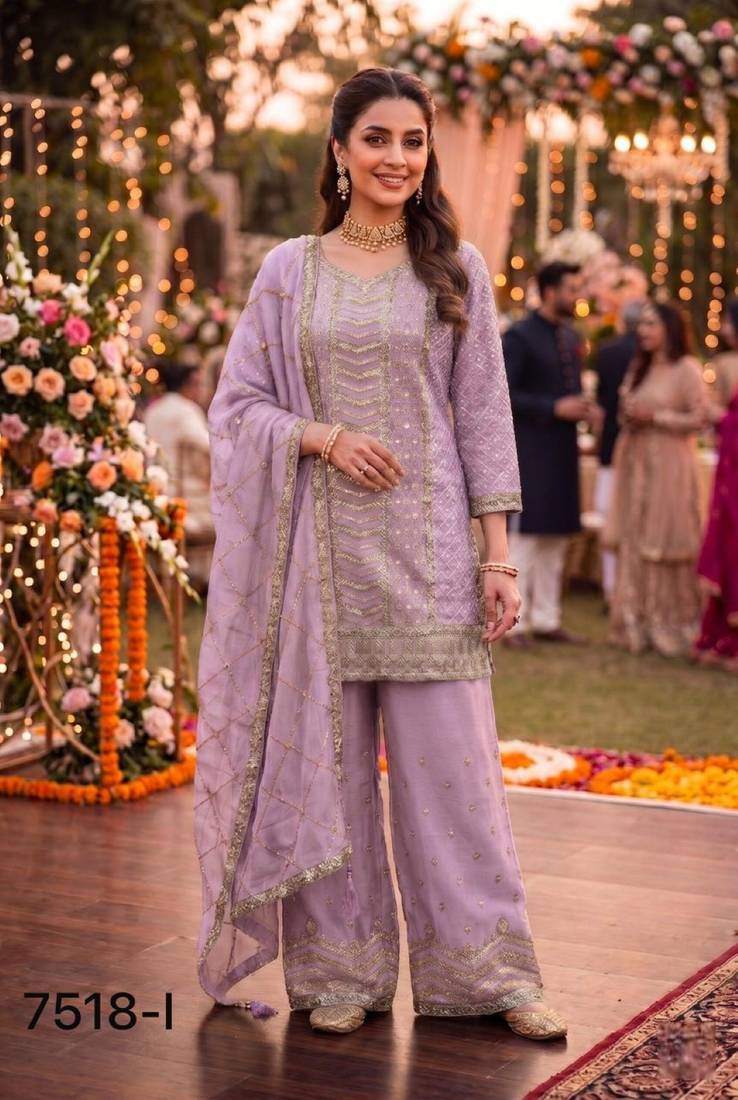Lavender chinon semi stitched suit with embroidery & sequence work