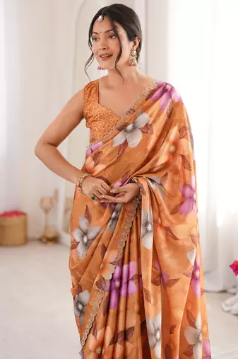 Mustard summer special chinon printed saree