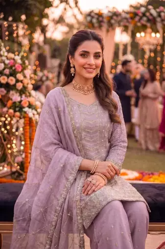 Lavender chinon suit with embroidered sequin 