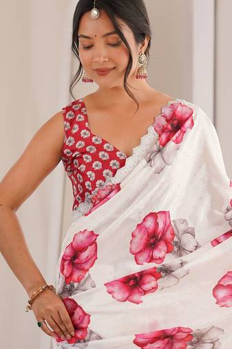 White color beautiful summer special chinon fabric printed saree
