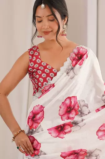 White beautiful summer special chinon fabric printed saree