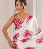 White beautiful summer special chinon fabric printed saree