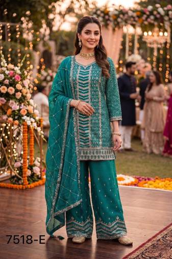 Turquoise chinon semi stitched suit with embroidery & sequence work