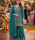 Turquoise chinon suit with embroidered sequin 
