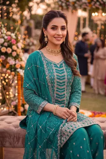 Turquoise chinon suit with embroidered sequin 
