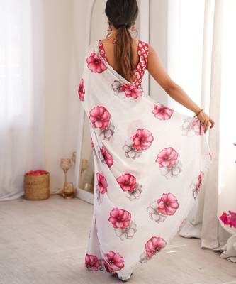 White summer special chinon printed saree 2