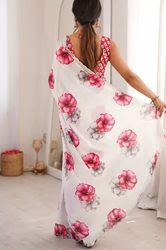 White summer special chinon printed saree