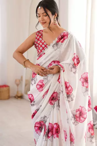White summer special chinon printed saree