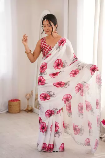 White summer special chinon printed saree