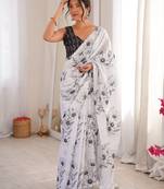 White beautiful summer special chinon fabric printed saree