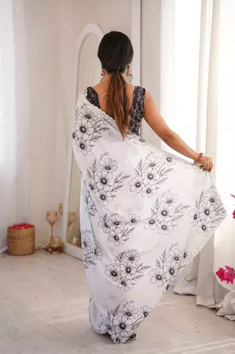 White summer special chinon printed saree