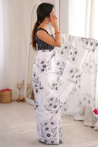 White summer special chinon printed saree